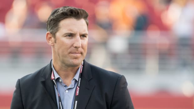 August 19, 2017; Santa Clara, CA, USA; San Francisco 49ers vice president of player personnel Adam Peters before the game against the Denver Broncos at Levi's Stadium. The Broncos defeated the 49ers 33-14.